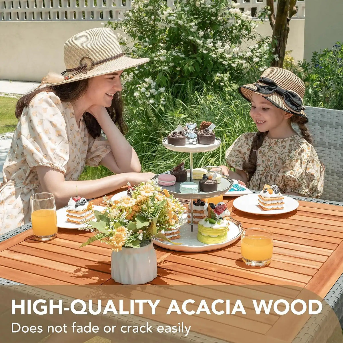 Devoko 5 PCS Acacia Wood Patio Dining Set, Gray Rattan