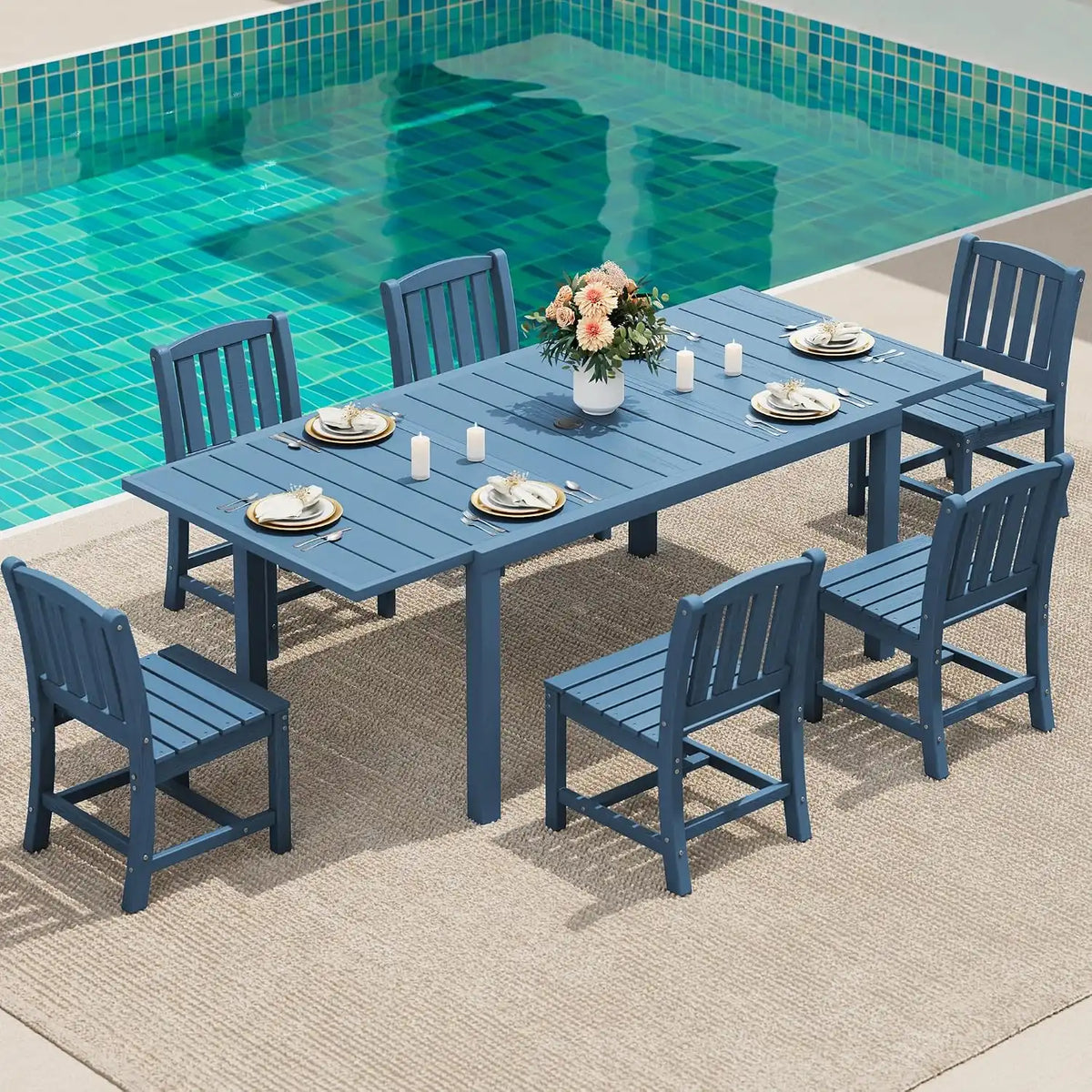 SERWALL Outdoor Patio Dining Set for 6, Blue