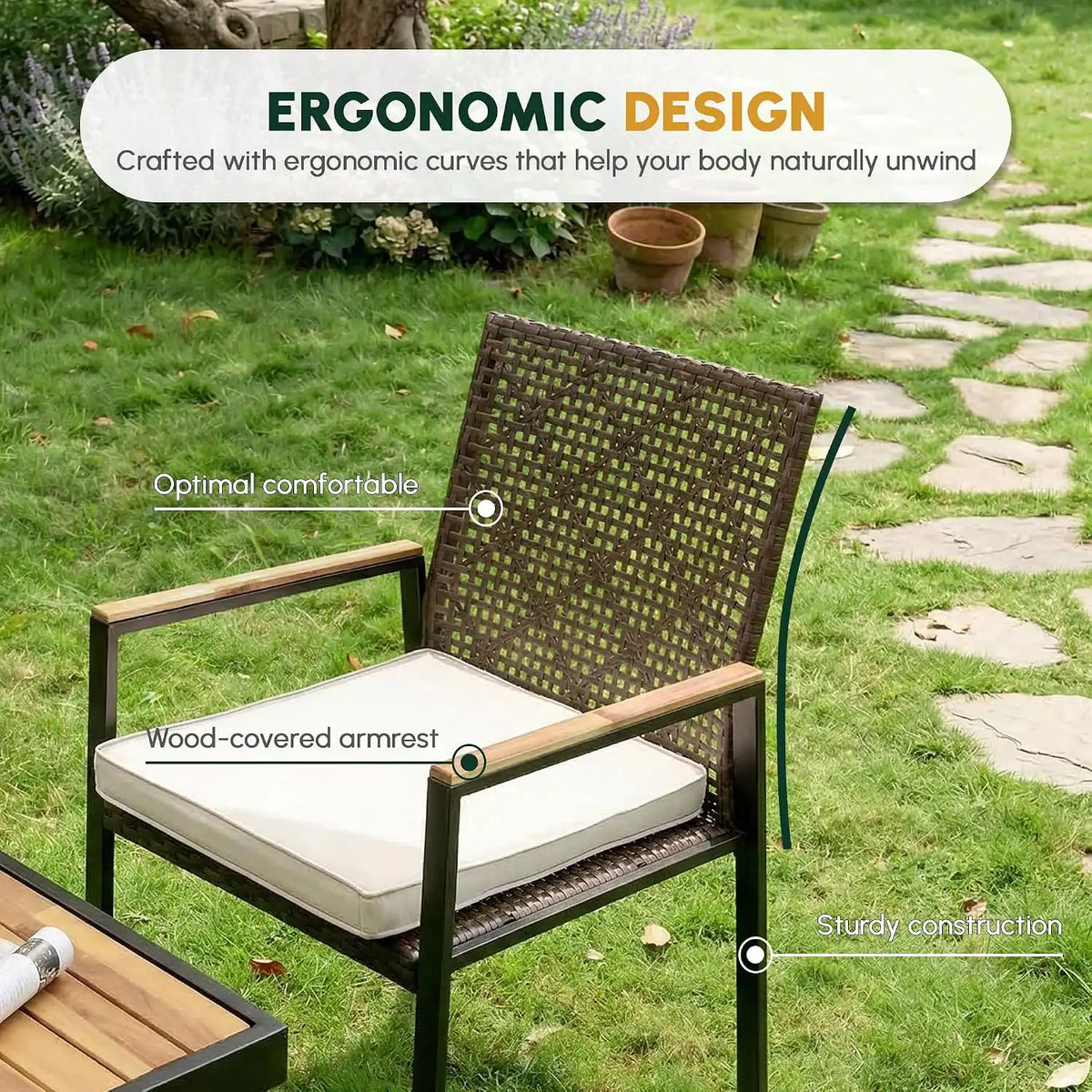 5 PCS Acacia Wood Patio Dining Set, Brown & White
