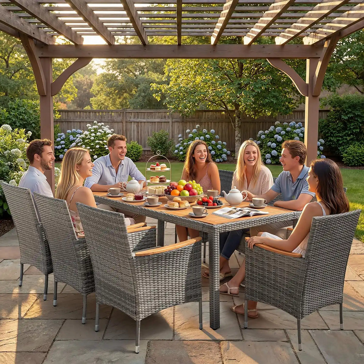 Devoko 9 PCS Acacia Wood Patio Dining Set, Gray Rattan