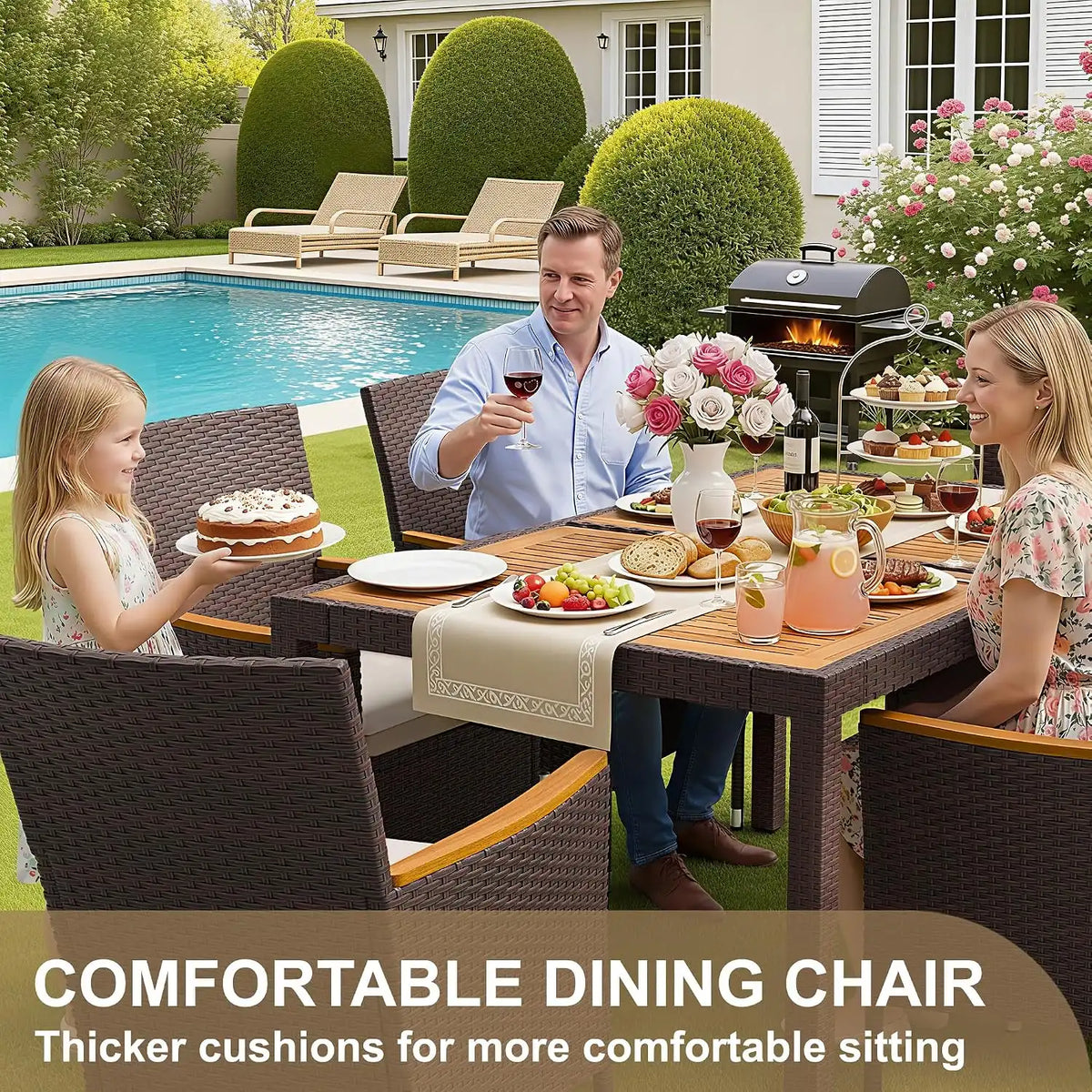 Devoko 7 PCS Acacia Wood Patio Dining Set, Brown Rattan
