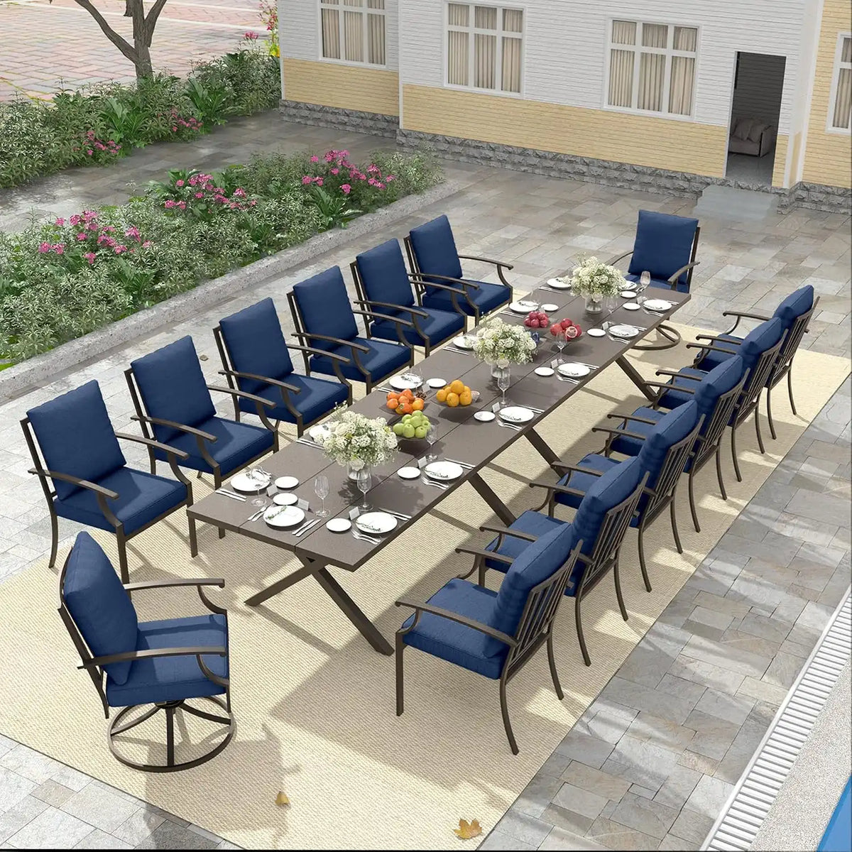 16 PCS Outdoor Patio Dining Set,Patio Table and Chairs Metal Outdoor Patio Furniture Set with Umbrella Hole,Dining Table Set with Swivel Chairs for Deck,Backyard and Garden,Navy Blue