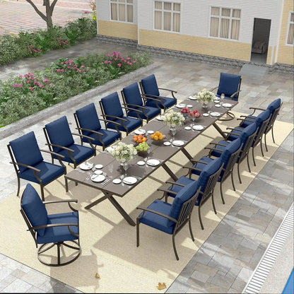 16 PCS Outdoor Patio Dining Set,Patio Table and Chairs Metal Outdoor Patio Furniture Set with Umbrella Hole,Dining Table Set with Swivel Chairs for Deck,Backyard and Garden,Navy Blue