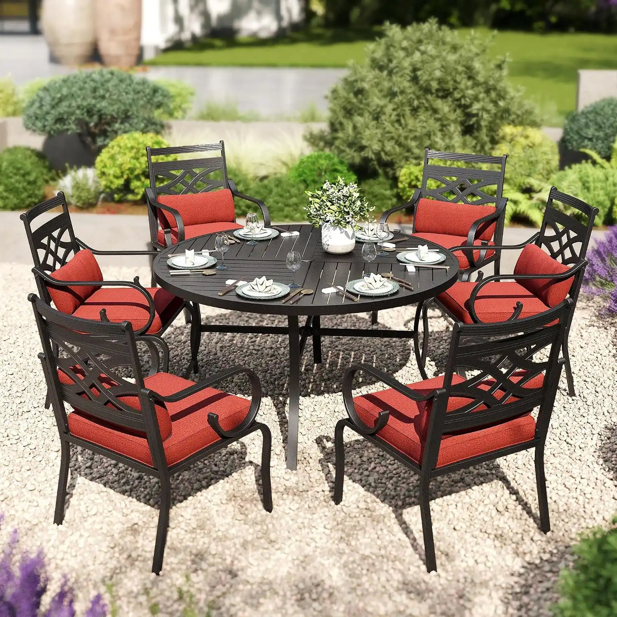 PHI VILLA Patio Dining Set, Round Metal Table