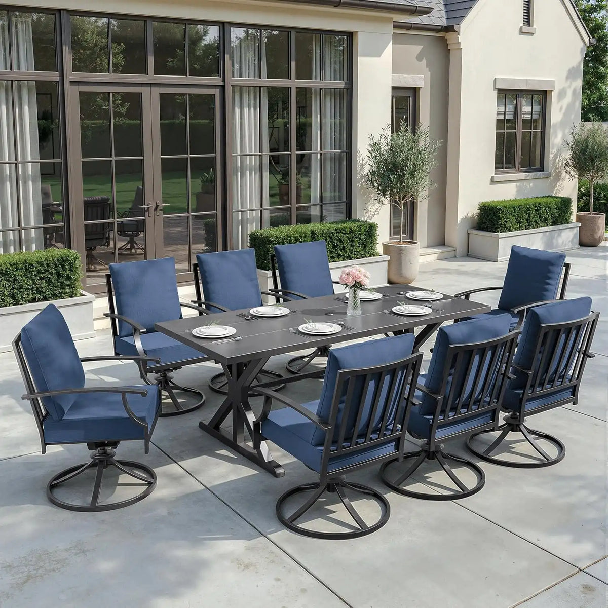 ALAULM 9-Piece Patio Dining Set,Outdoor Metal Dining Set with 8 Swivel Chairs & Rectangle Table with 1.5 Umbrella Hole, Patio Dining Table and Chairs for Backyard,Navy