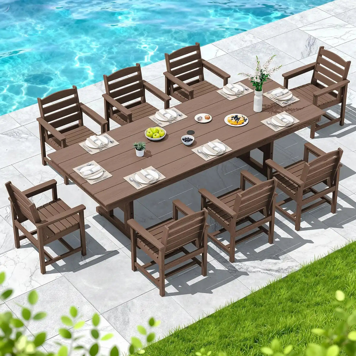SERWALL Patio HDPE Dining Chairs Set of 2, Brown