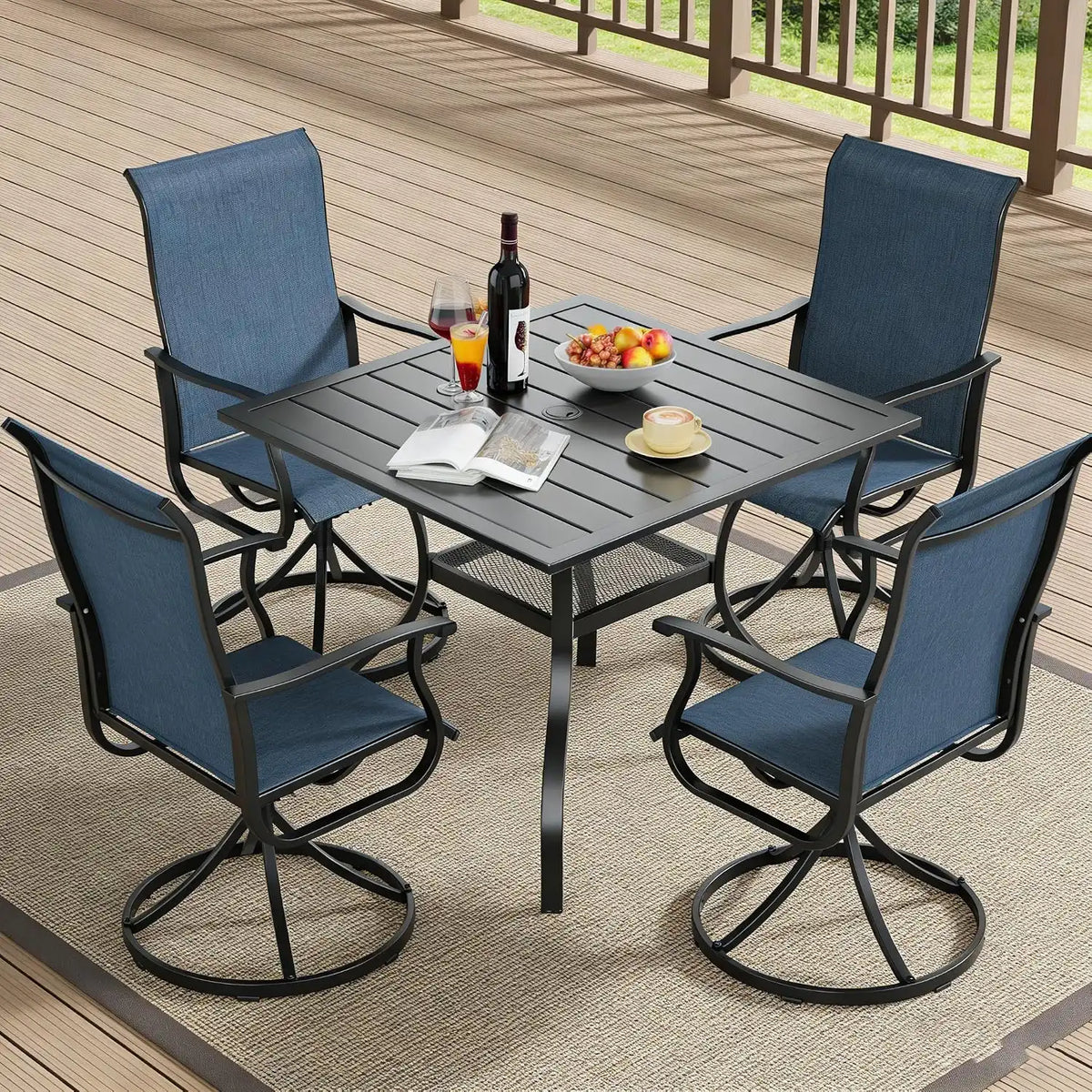 SUNCROWN 5-Piece Outdoor Patio Dining Set, All Weather Square Metal Table & 4 Dark Blue Swivel Textilene Mesh Chairs, Weather Resistant Patio Furniture for Deck Lawn Garden Backyard Poolside