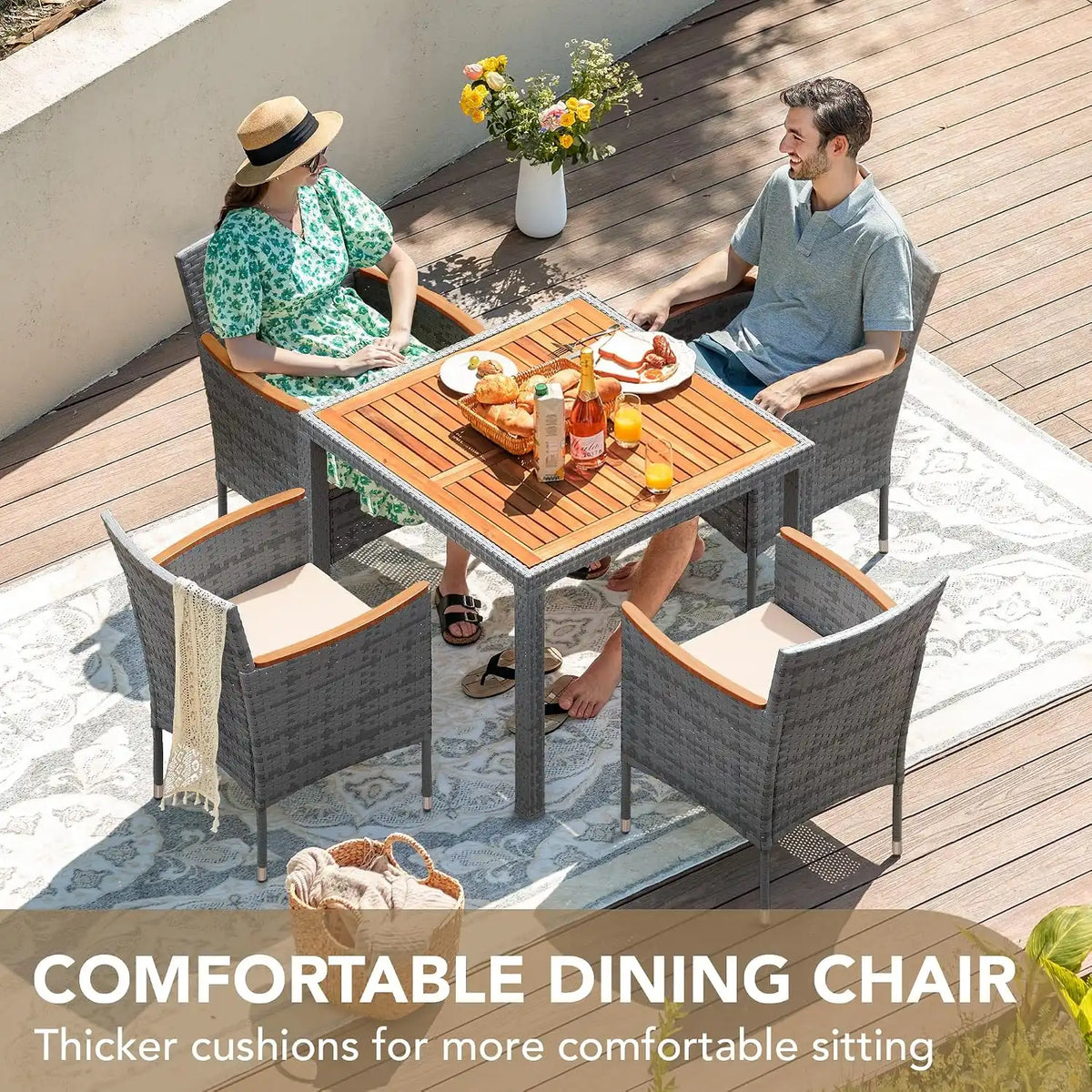 Devoko 5 PCS Acacia Wood Patio Dining Set, Gray Rattan