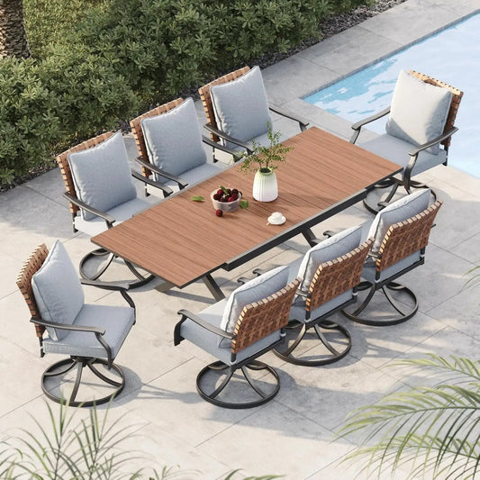 Grand patio 9-Pc Outdoor Swivel Dining Set, 8 Gray Chairs + Table, Brown
