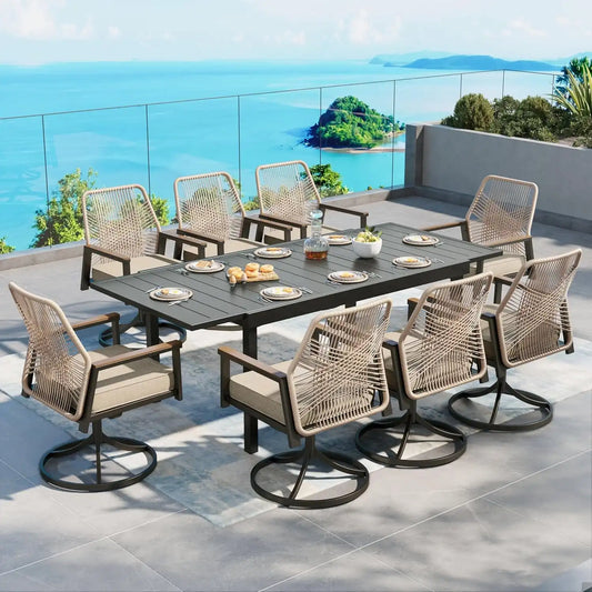 SUNSHINE VALLEY Swivel Patio Dining Set, Extendable Metal Table & 8 Chairs