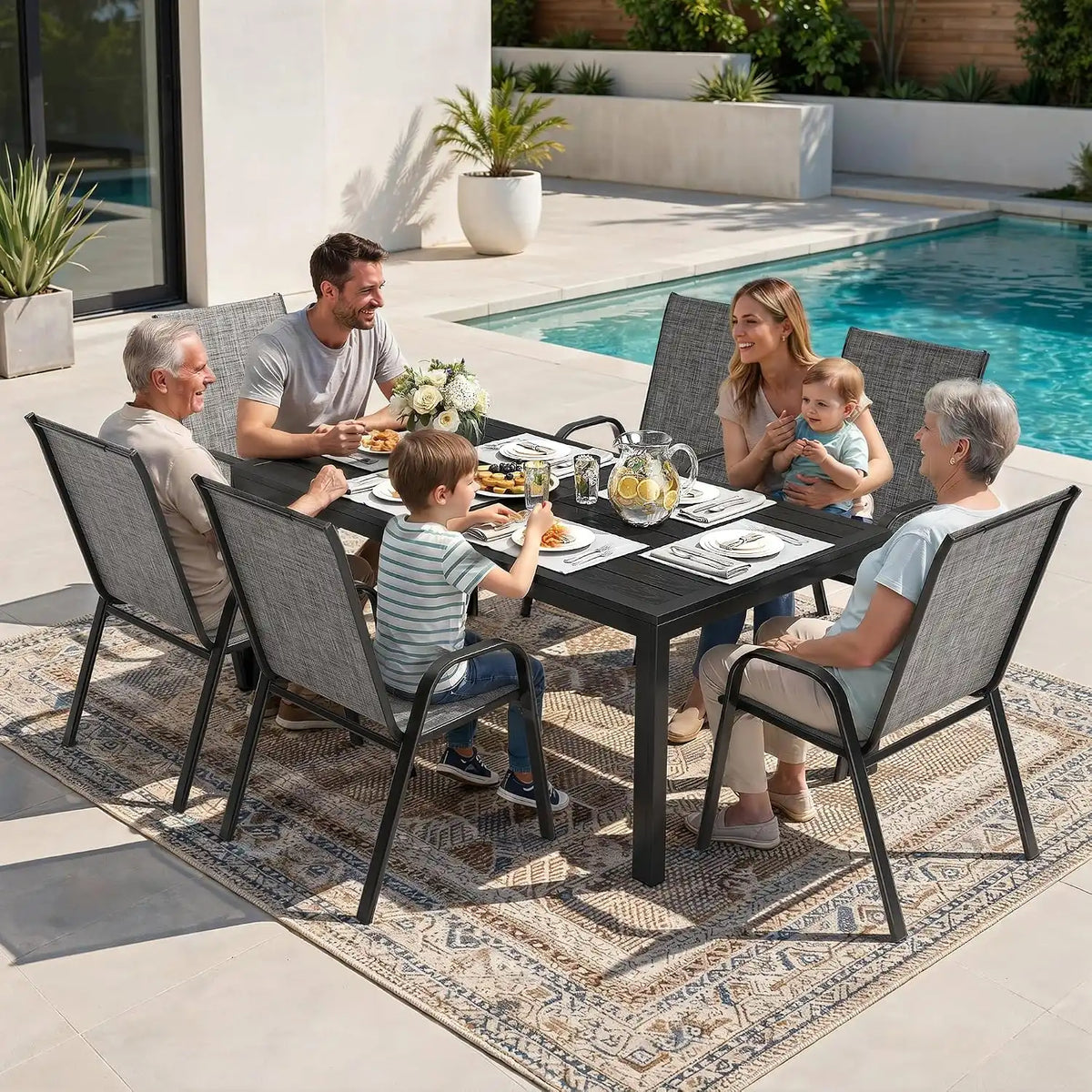 7PCS Patio Dining Set, Steel Table & 6 Textilene Chairs, Charcoal