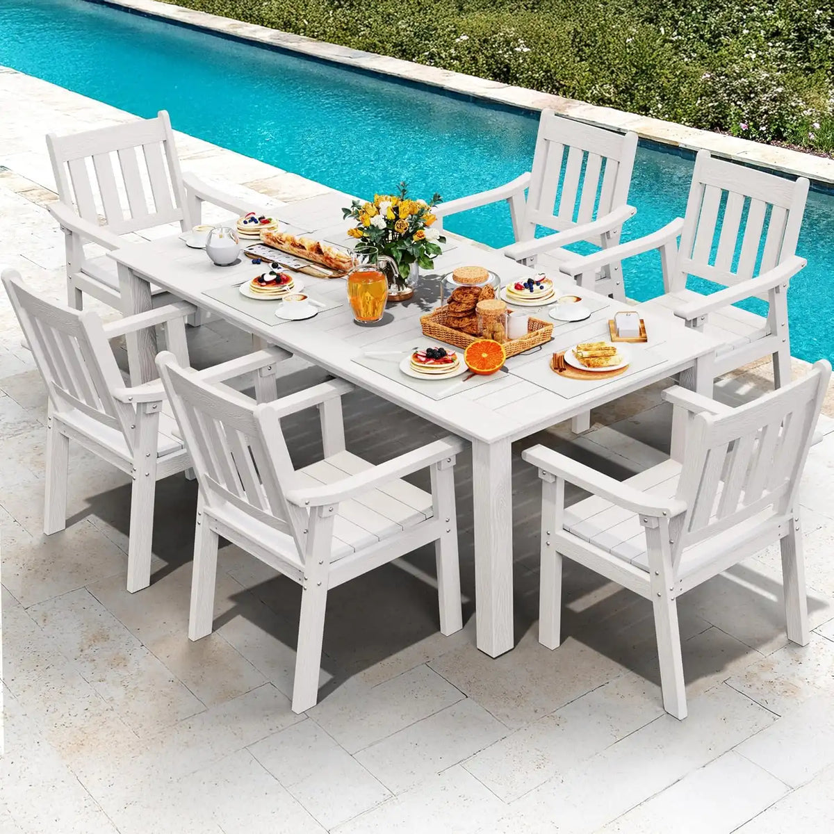 YEFU 7-Piece Patio Table Set, All-Weather HIPS, Metal Aluminum Frame, White