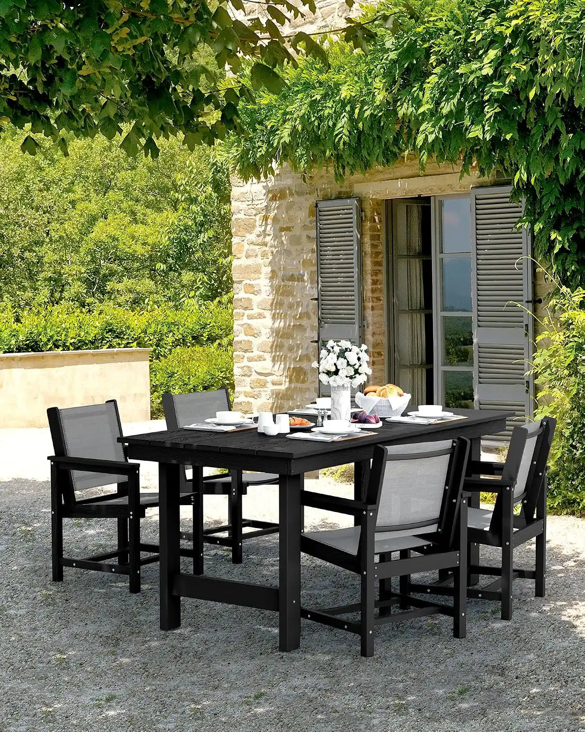 SERWALL 7 Pcs HDPE Patio Dining Set, HDPE Dining Set for 6, Black