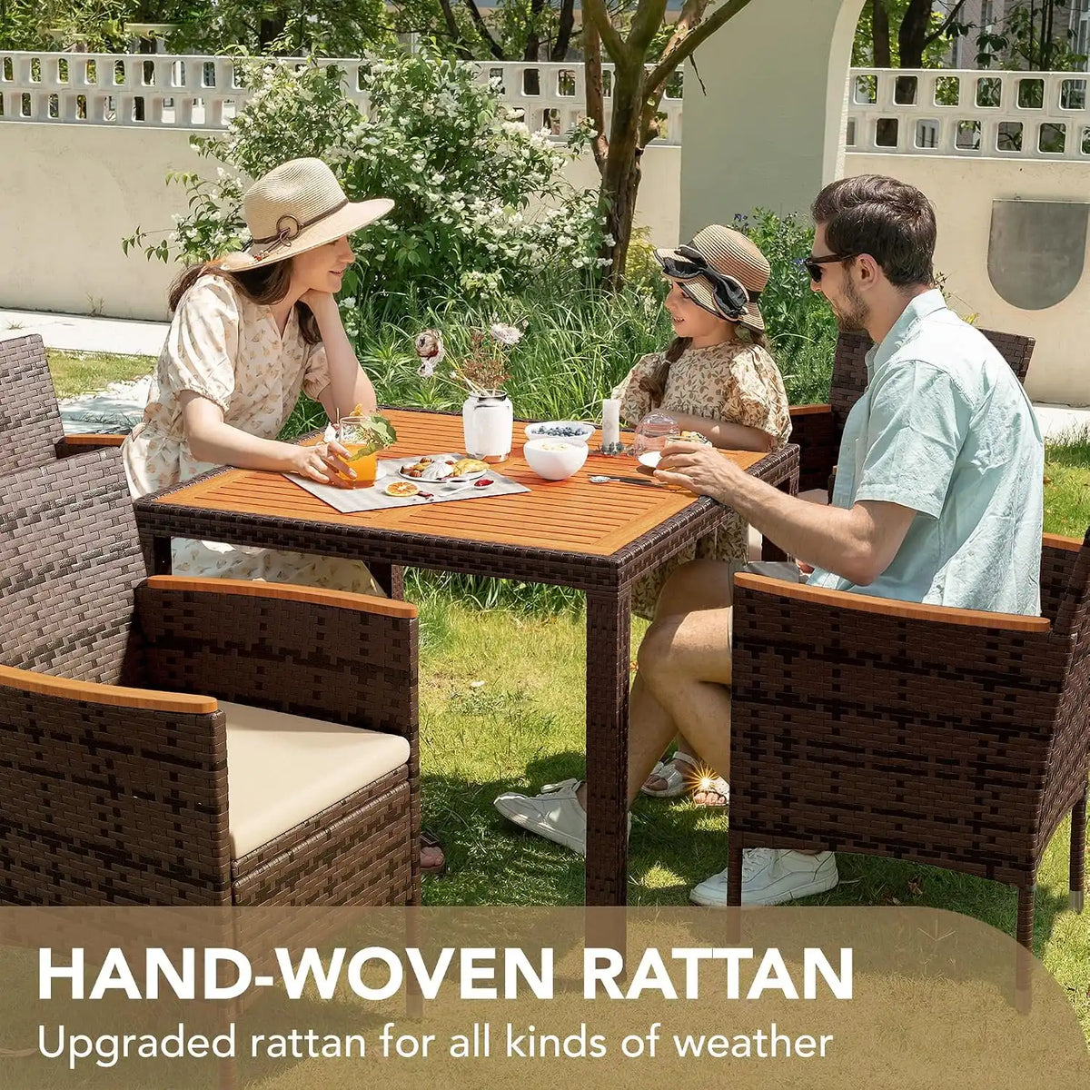 Devoko 5 PCS Acacia Wood Patio Dining Set, Brown Rattan