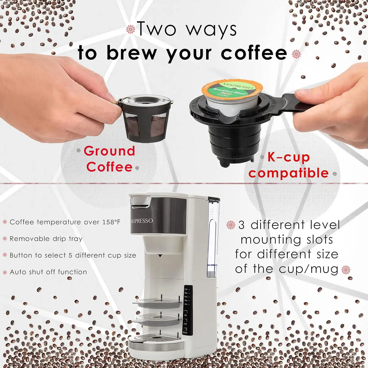 Mixpresso White Single Serve Coffee Brewer K-Cup Pods Compatible & Ground