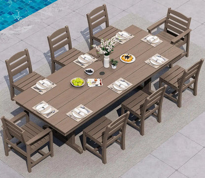 SERWALL 9Pcs HDPE Outdoor Dining Set w/6 Armless, 2 Armchairs for 8,Brown