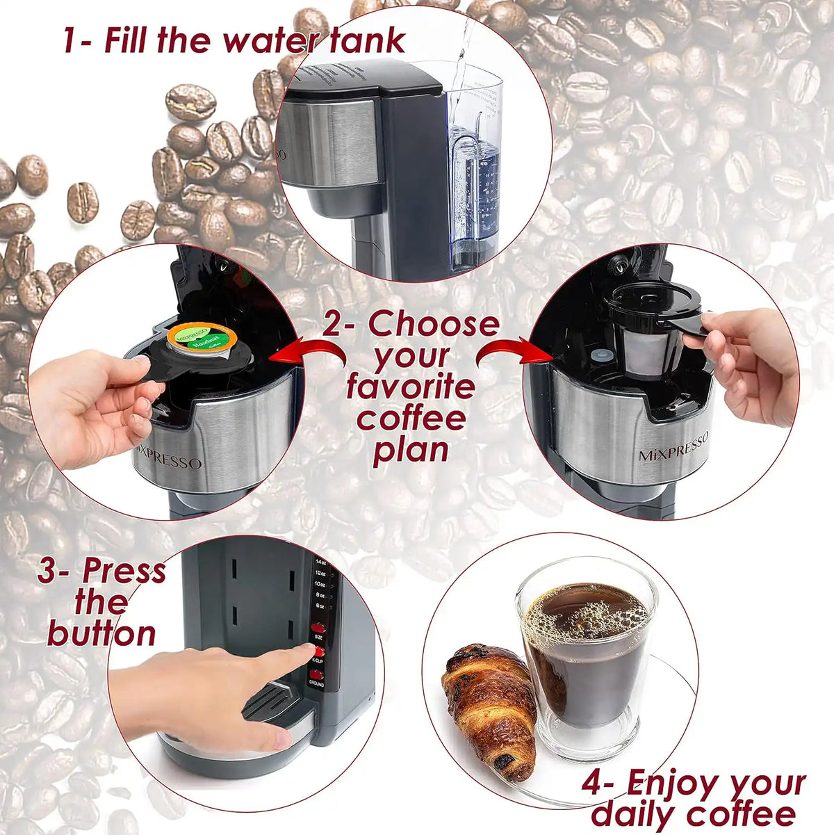 Mixpresso Gray Single Serve Coffee Brewer K-Cup Pods Compatible & Ground