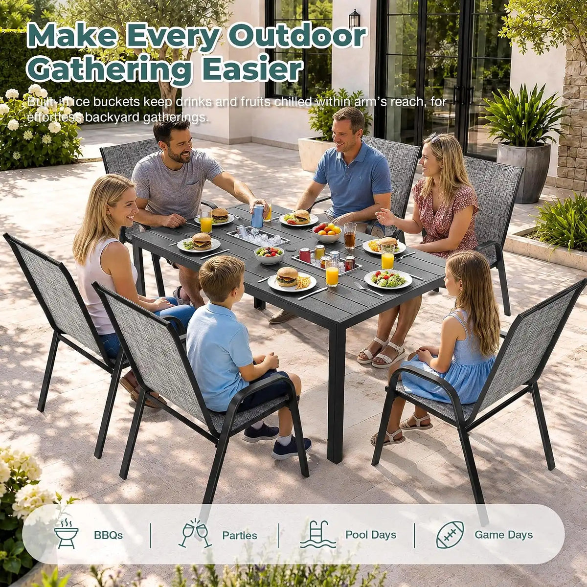 Pamapic Outdoor Dining Sets for 6 with 2 304 SS Ice Buckets, Rectangular Steel Slat Table with Textilene Chairs, 7 Piece Patio Table and Chairs Set with Umbrella Hole for Patio, Backyard (Grey)