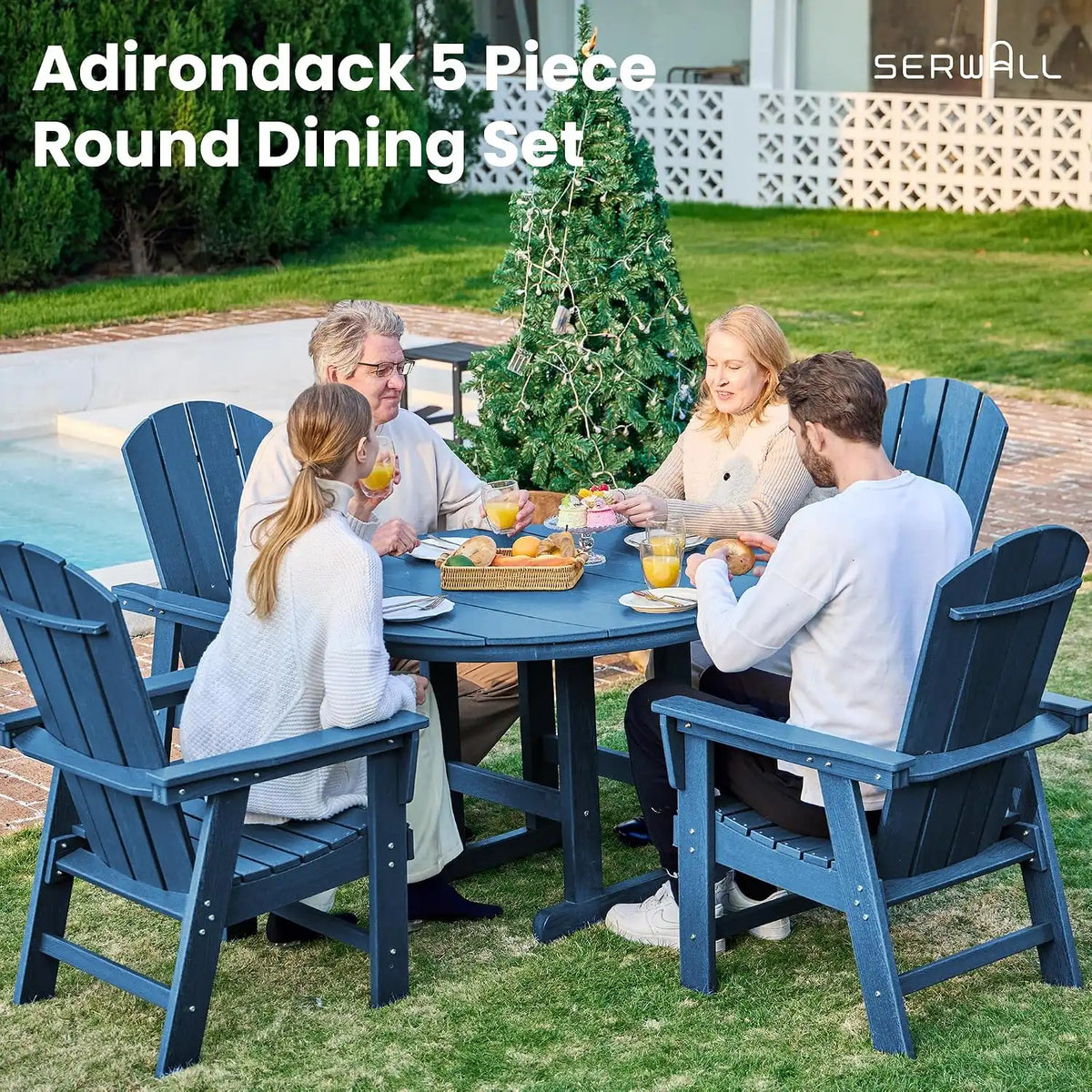 SERWALL 5-Piece Patio Dining Set, 45" Table & 4 Adirondack Chairs, Navy
