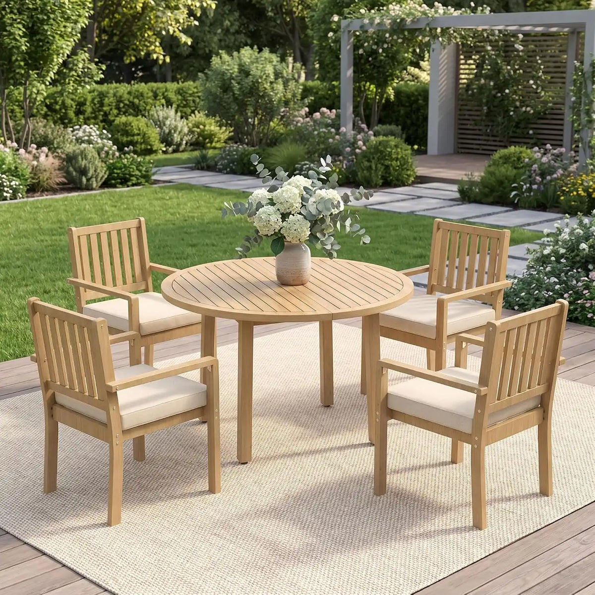 Wisteria Lane 5-Pieces Acacia Patio Table and Chairs Set for 4, Outdoor Dining Set with Table, Modern Patio Table Set with Cushion, Patio Furniture Set for Backyard Deck Garden Porch, Brown