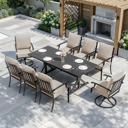 ALAULM 9-Piece Patio Dining Set,Outdoor Metal Dining Set with 2 Swivel Chairs & Rectangle Table with 1.5 Umbrella Hole, Patio Dining Table and Chairs for Backyard,Sand
