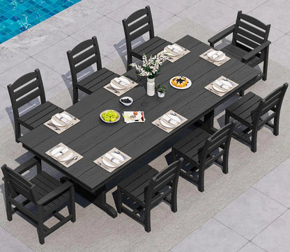 SERWALL 9Pcs HDPE Outdoor Dining Set w/6 Armless, 2 Armchairs for 8,Black