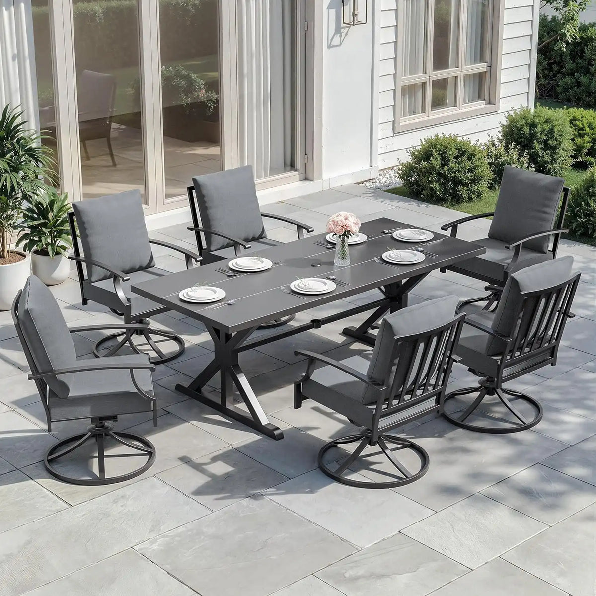 ALAULM 7-Piece Patio Dining Set,Outdoor Metal Dining Set with 6 Swivel Chairs & Rectangle Table with 1.5 Umbrella Hole, Patio Dining Table and Chairs for Backyard, Grey