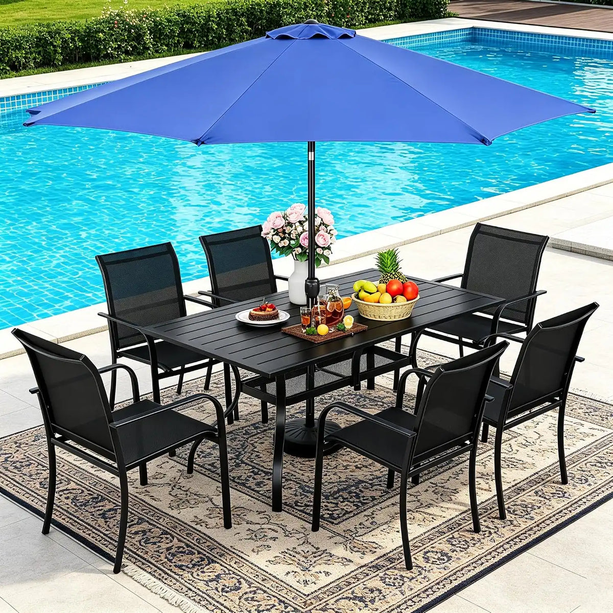 SUNCROWN 8 - Piece Outdoor Dining Set, Patio Furniture Set with 6 Textilene Dinning Chairs, 1 Rectangle Metal Table and 1 Dark Blue 9Ft Patio Umbrella for Lawn Garden Backyard Deck, Black