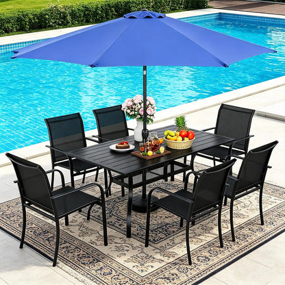 SUNCROWN 8 - Piece Outdoor Dining Set, Patio Furniture Set with 6 Textilene Dinning Chairs, 1 Rectangle Metal Table and 1 Dark Blue 9Ft Patio Umbrella for Lawn Garden Backyard Deck, Black