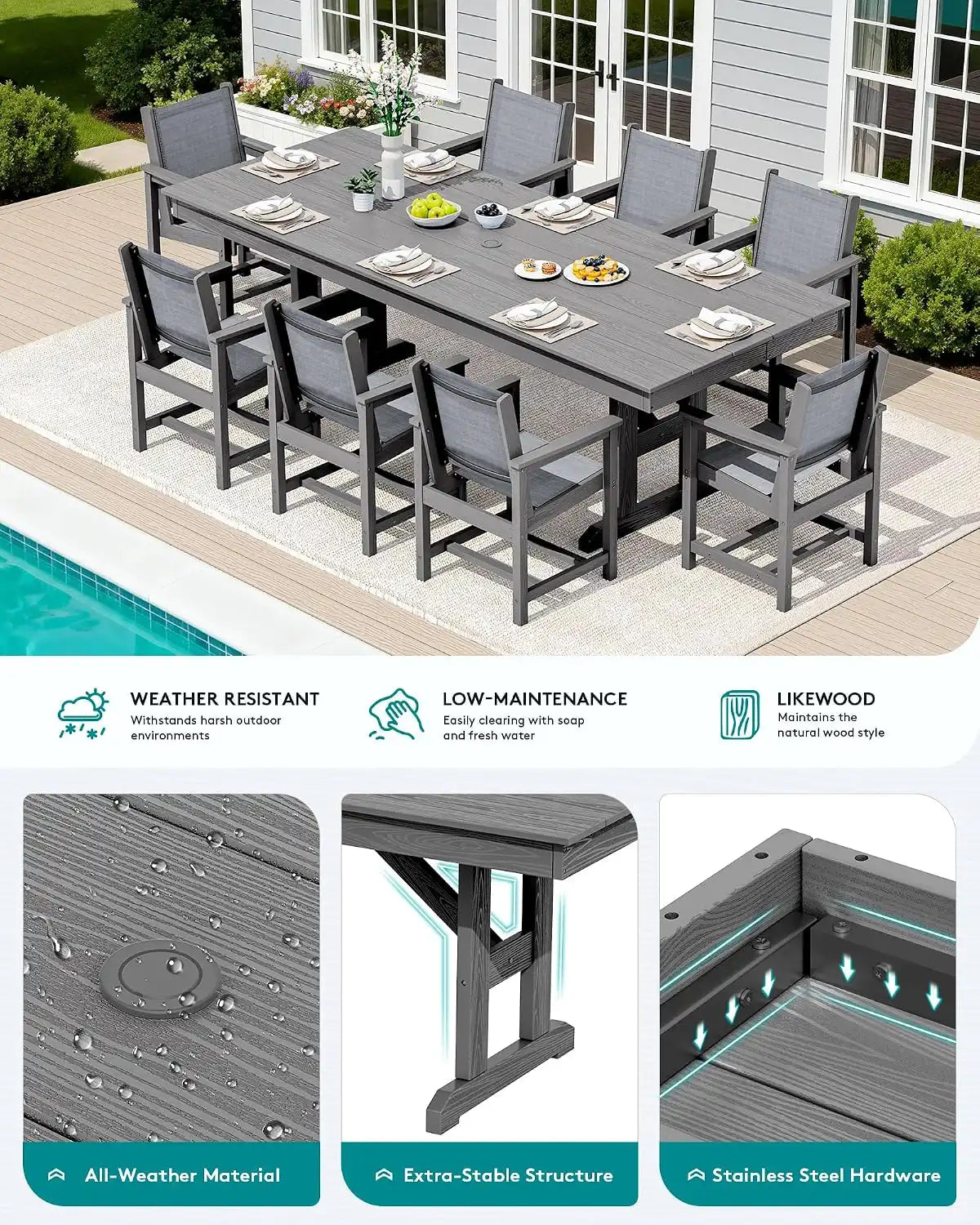 SERWALL 9Pcs HDPE Outdoor Dining Set for 8 with Sling Chairs,Gray