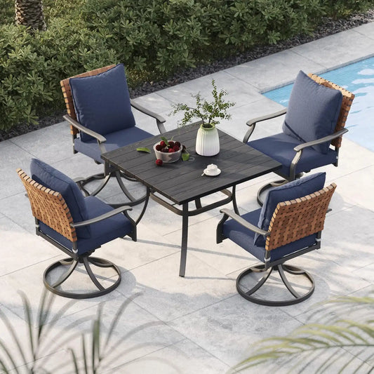 Grand patio 5-Pc Outdoor Swivel Dining Set, 4 Blue Chairs + Table, Black