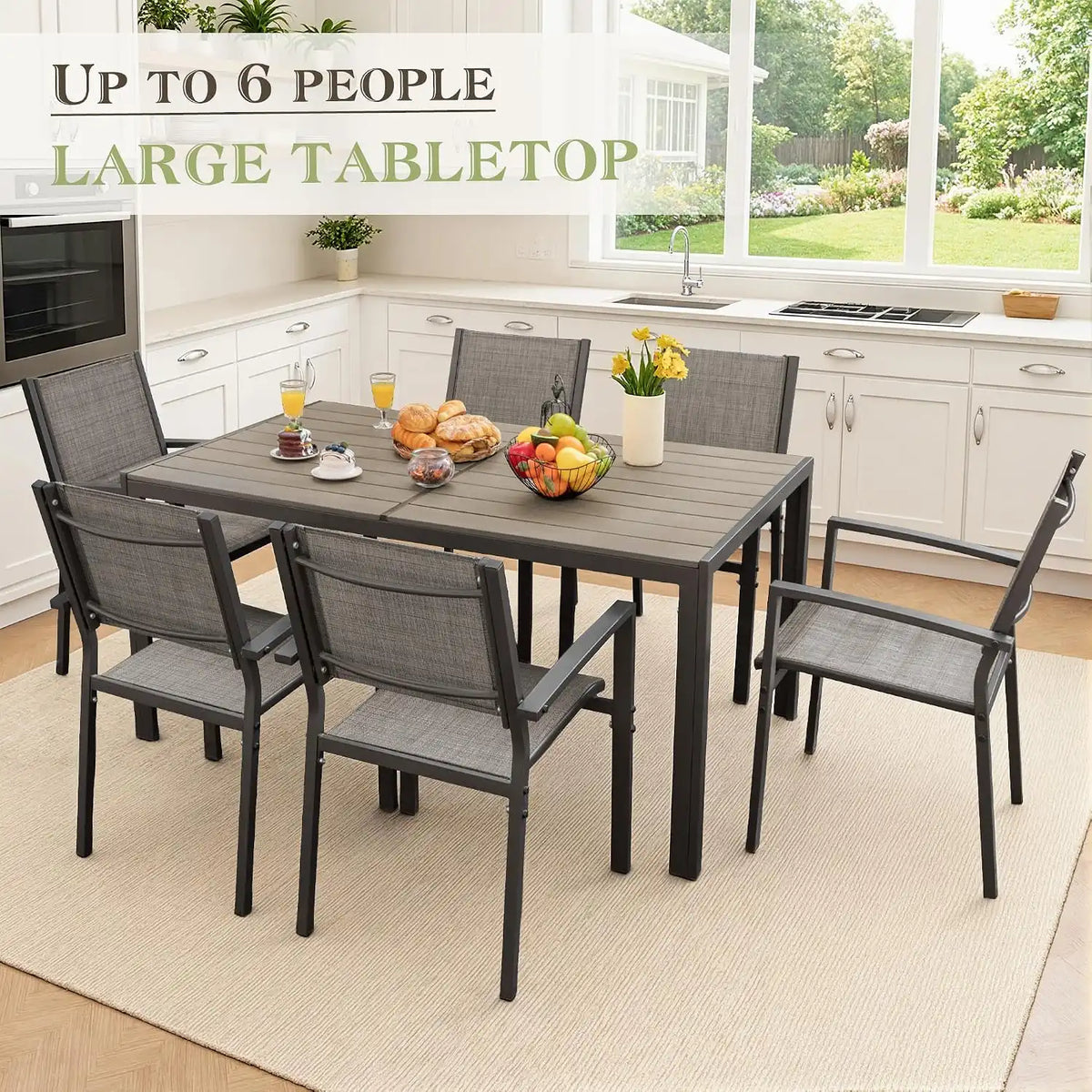 Greesum 7 Piece Patio Dining Set, Outdoor Furniture with Large Table & 6 Textilene Chairs for Garden, Poolside, Porch, Grey