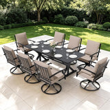 9 Pieces Outdoor Patio Dining Set,Patio Table and Chairs Metal Outdoor Patio Furniture Set with Umbrella Hole,Dining Table Set with 8 Swivel Chairs for Deck,Backyard and Garden,Brown