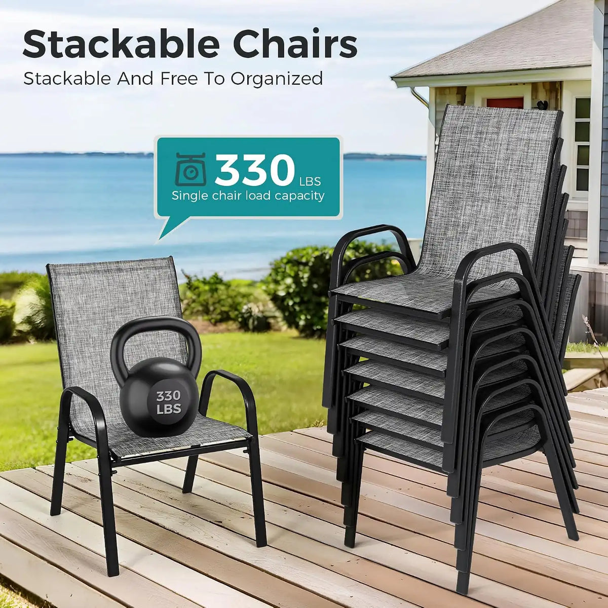 Pamapic Outdoor Dining Sets for 9, Rectangular Steel Slat Table with 8 Textilene Chairs, 8 Piece Patio Table and Chairs Set with Umbrella Hole for Patio, Backyard, Poolside (Grey, No Umbrella)