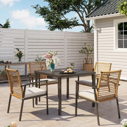 LAUSAINT HOME 5 Pieces Outdoor Patio Dining Set, Wicker Patio Furniture Set of 4 Chairs with Soft Cushion and Square Table with Umbrella Hole, Conversation Set for Backyard, Garden and Poolside