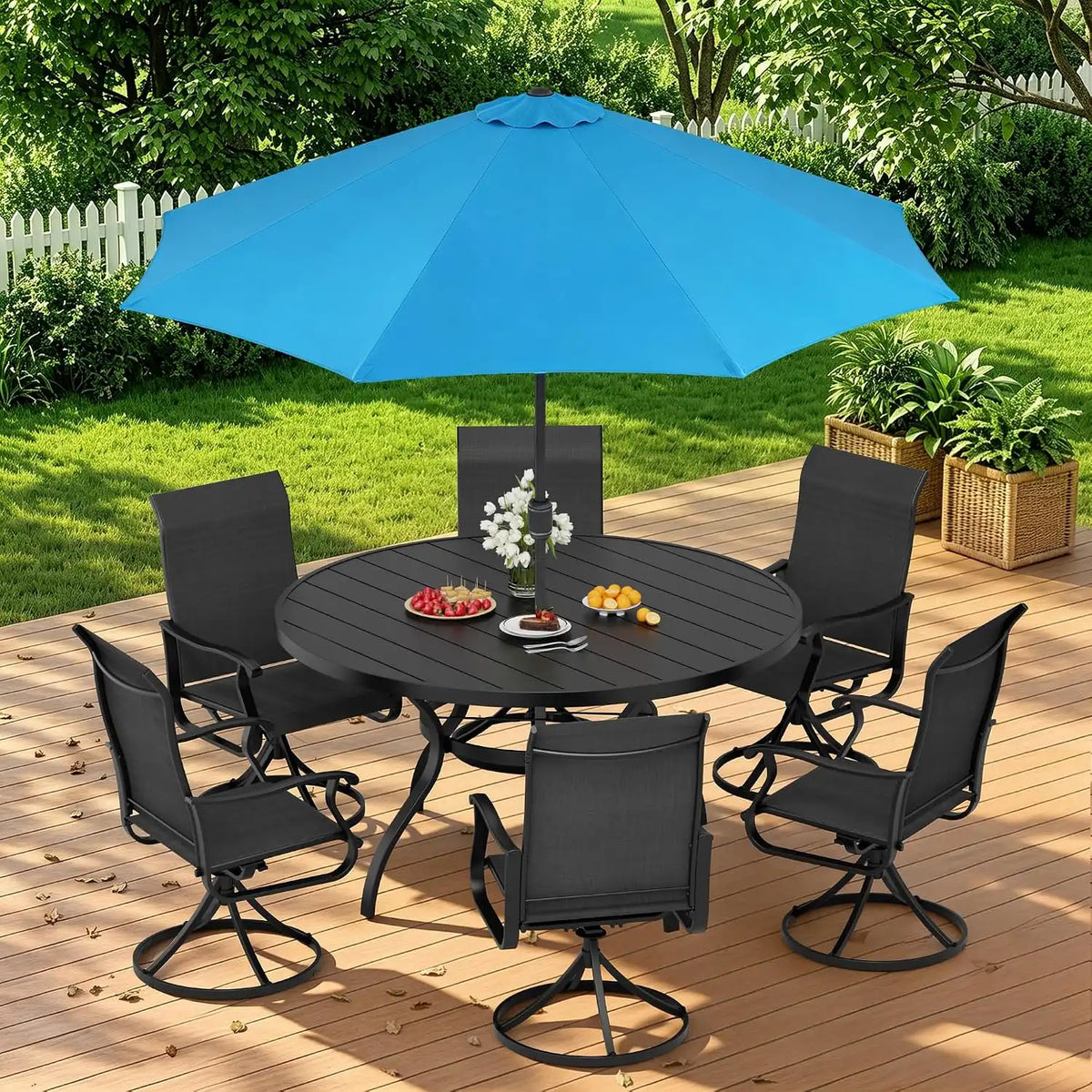 SUNCROWN 8-Piece Outdoor Dining Set, All Weather Patio Furniture Sets with 6 Black Swivel Textilene Mesh Chairs & Round Metal Table & 1 Light Blue 9Ft Umbrella for Deck Garden Backyard Poolside