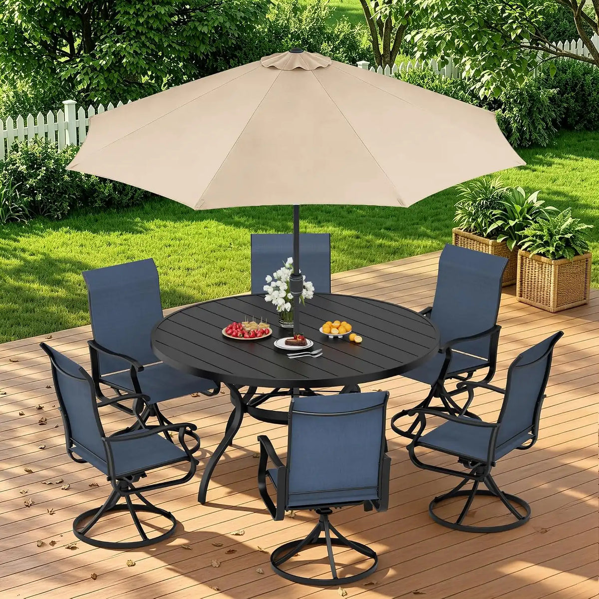 SUNCROWN 8-Piece Outdoor Dining Set, All Weather Patio Furniture Sets with 6 Dark Blue Swivel Textilene Mesh Chairs & Round Metal Table & 1 Brown 9Ft Umbrella for Deck Garden Backyard Poolside