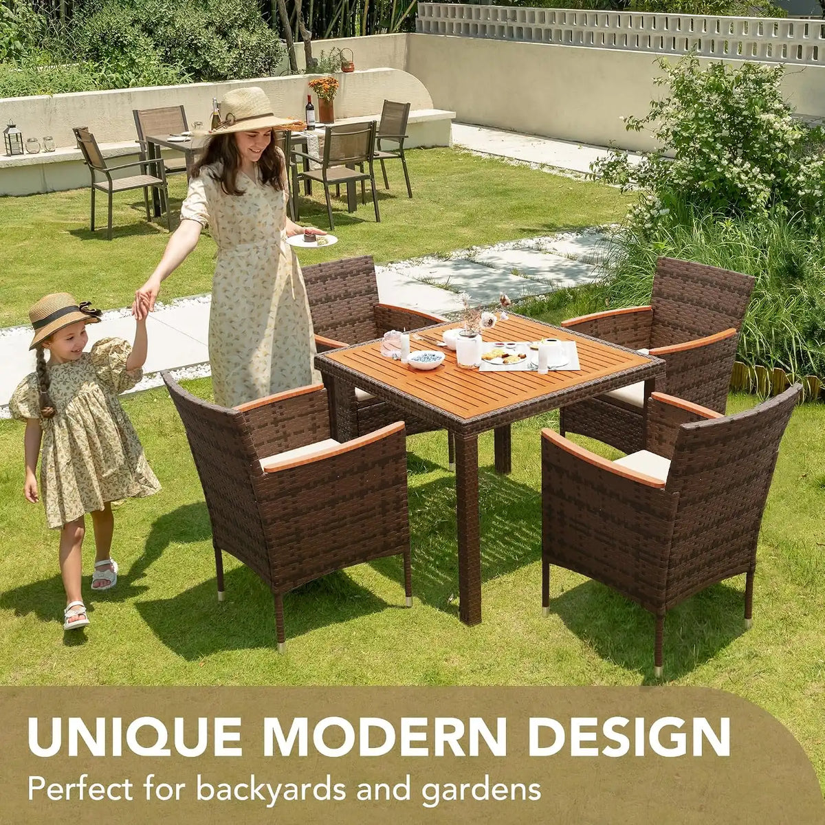 Devoko 5 PCS Acacia Wood Patio Dining Set, Brown Rattan