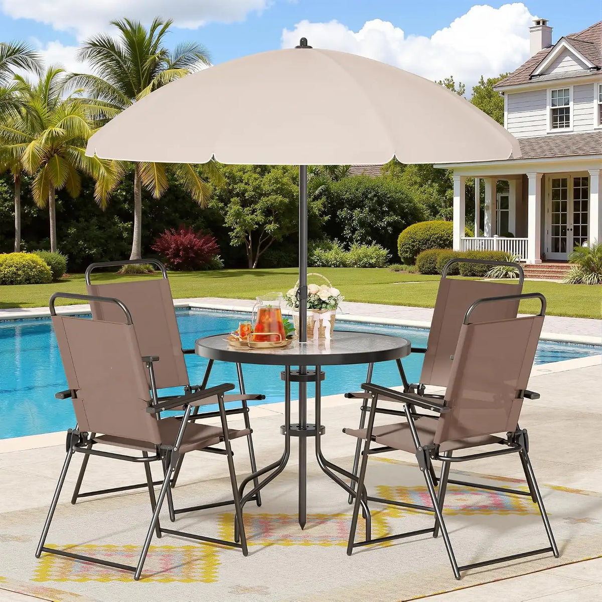 Shintenchi 6 Piece Patio Dining Set with Umbrella, Outdoor Furniture Set with 4 Folding Chairs and Tempered Glass Top Dining Table for Lawn Backyard Garden Porch, Brown and Beige