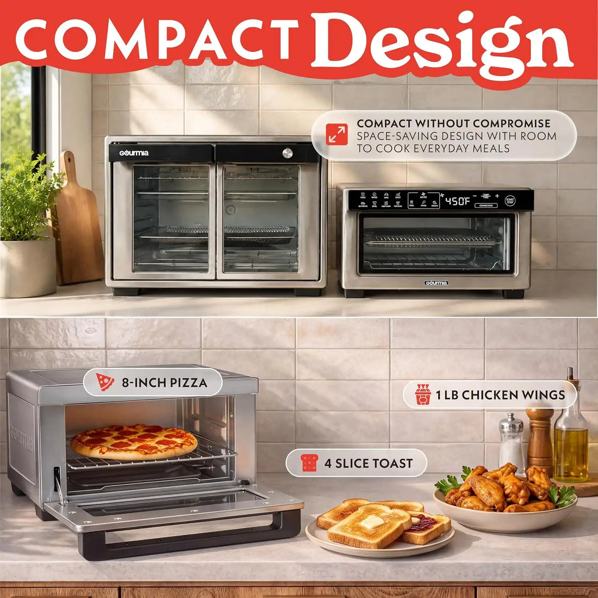 Gourmia Toaster Oven - 4-Slice Capacity, Digital Display, Stainless Steel