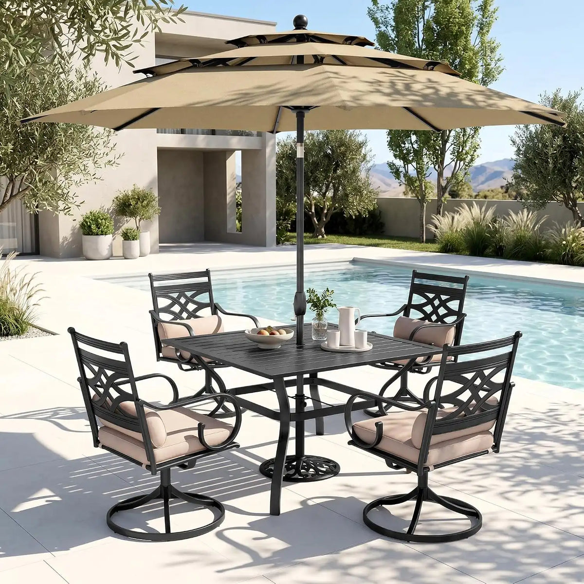 PHI VILLA 4 Piece, Outdoor Dining Set, Round Metal Table, 10ft Umbrella