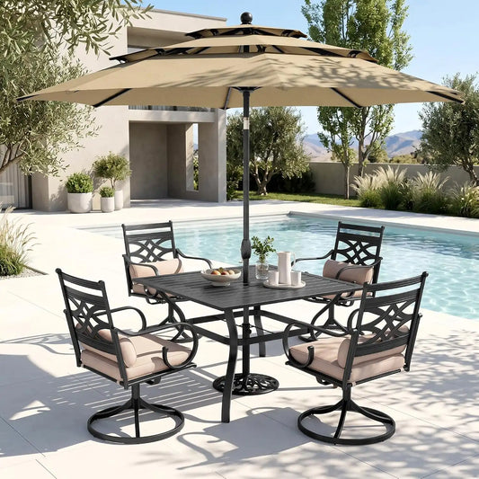 PHI VILLA 4 Piece, Outdoor Dining Set, Round Metal Table, 10ft Umbrella