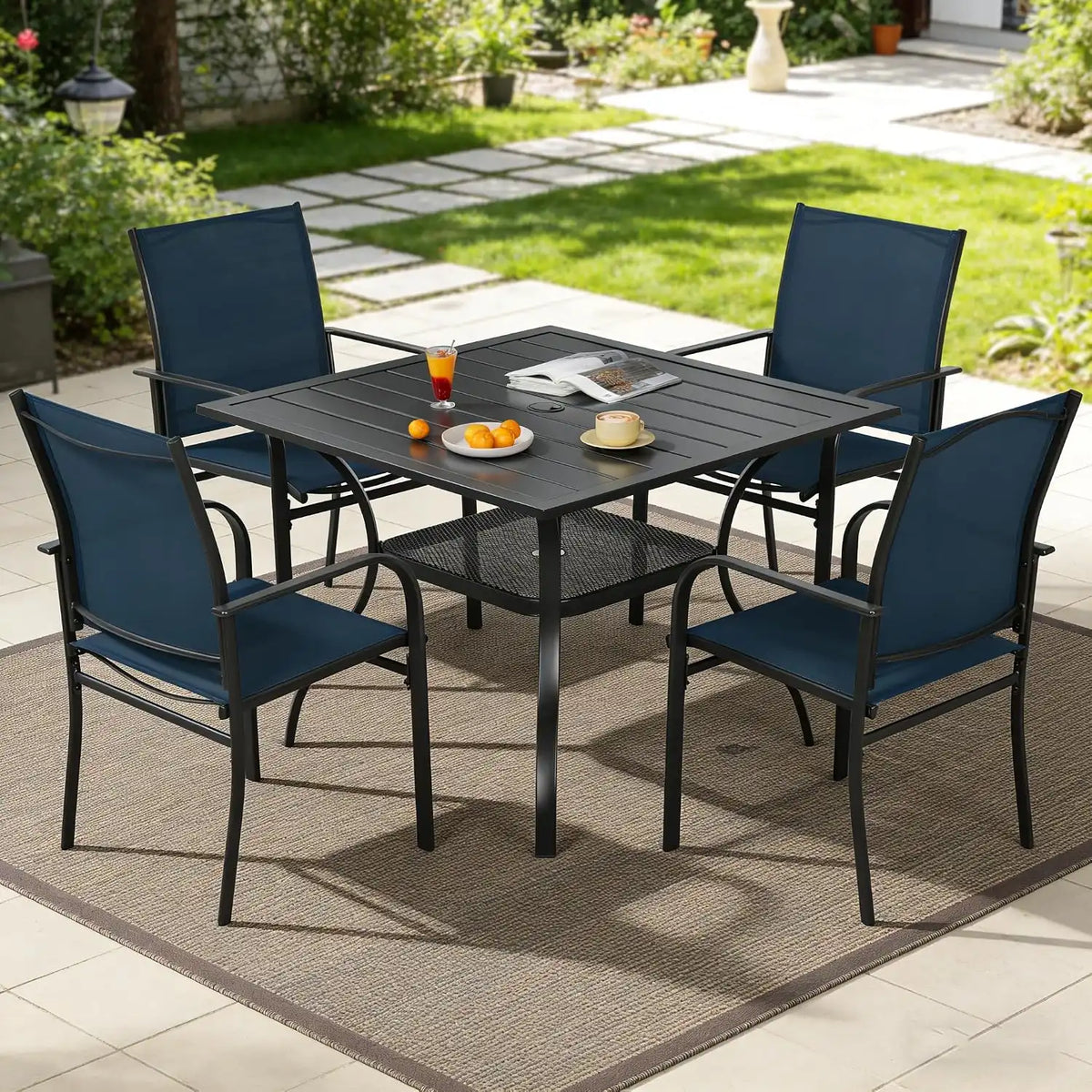 SUNCROWN 5 - Piece Furniture Set, Outdoor Dining Set with 4 x Textilene Dinning Chairs and 1 Steel Slat Metal Bistro Table for Lawn Garden Backyard Deck, Dark Blue