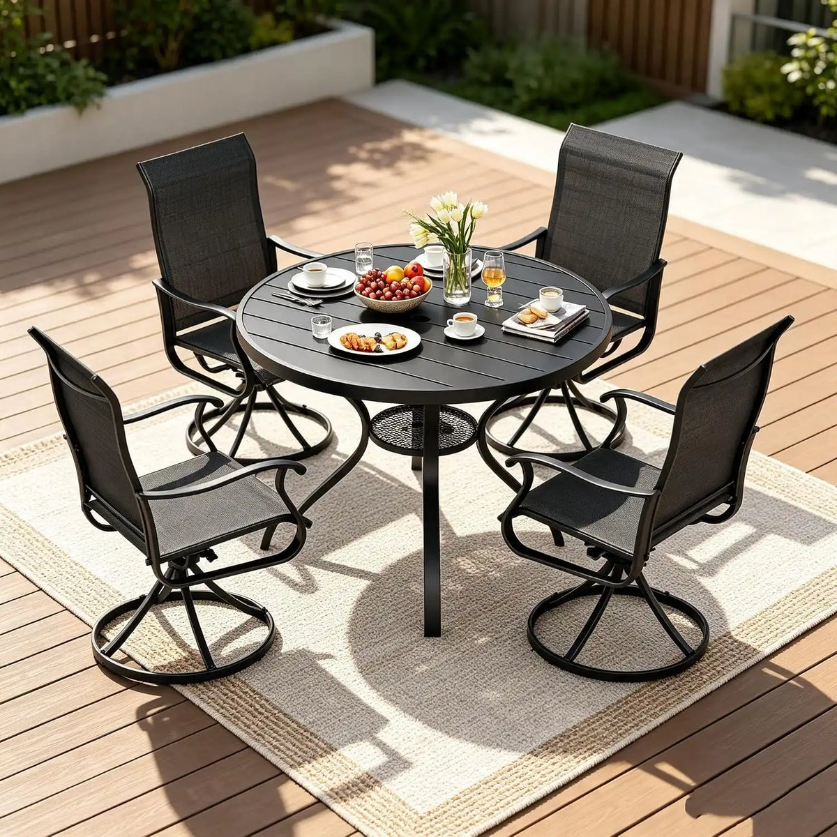 SUNCROWN 5-Piece Outdoor Patio Dining Set, All Weather Round Metal Table & 4 Black Swivel Textilene Mesh Chairs, Weather Resistant Patio Furniture for Deck Lawn Garden Backyard Poolside