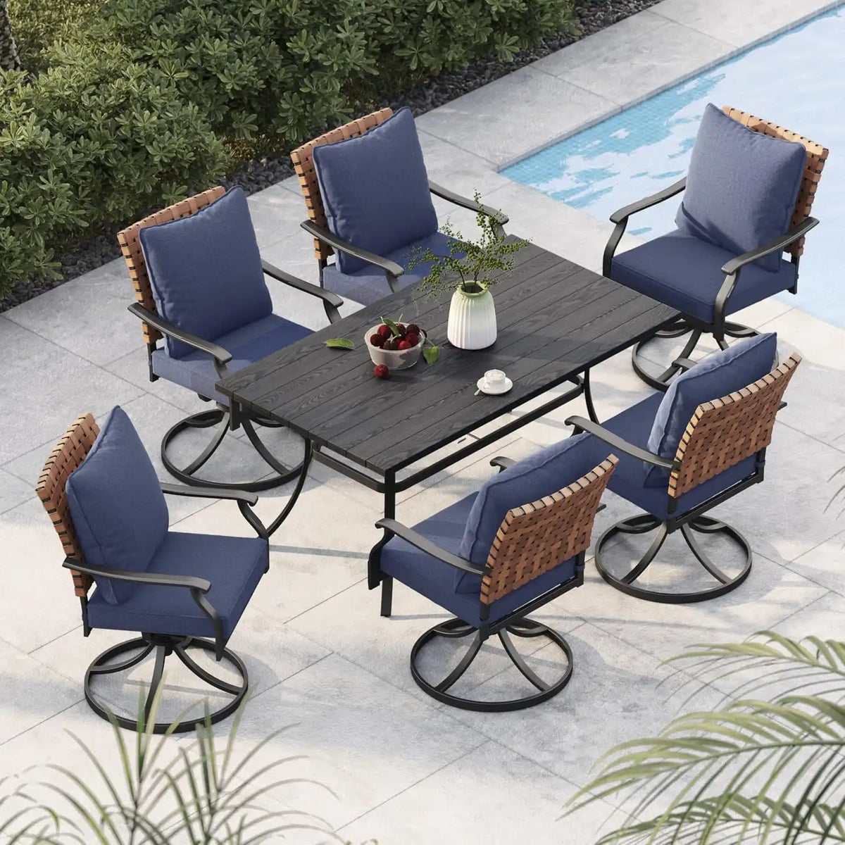 Grand patio 7-Pc Outdoor Swivel Dining Set, 6 Blue Chairs + Table, Black