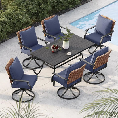 Grand patio 7-Pc Outdoor Swivel Dining Set, 6 Blue Chairs + Table, Black