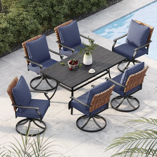 Grand patio 7-Pc Outdoor Swivel Dining Set, 6 Blue Chairs + Table, Black