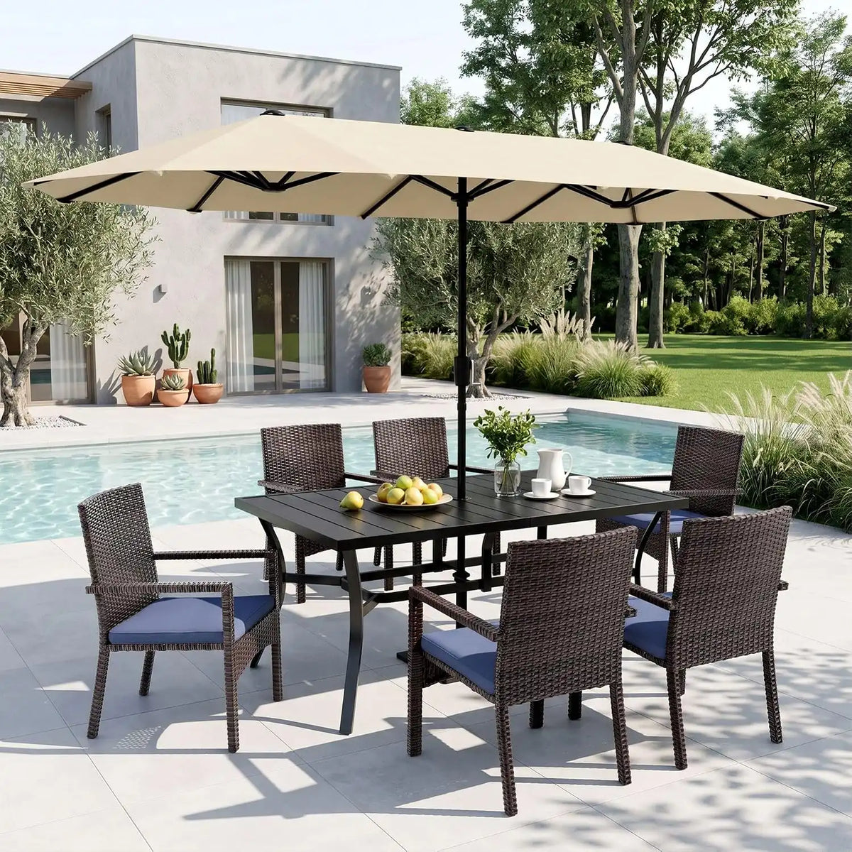 Sophia & William 7pc Patio Dining Set with Beige Umbrella, 6 Rattan Chairs