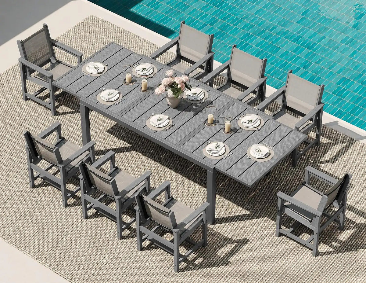SERWALL HDPE Outdoor Dining Set for 8 with Textilene Chairs, Grey