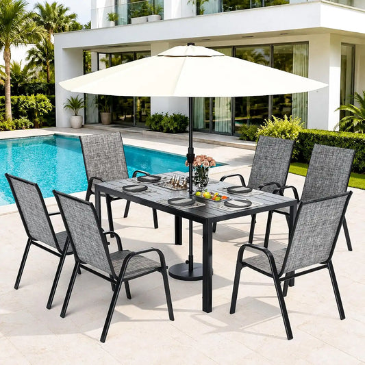 Pamapic Outdoor Dining Sets for 6 with 2 304 SS Ice Buckets, Rectangular Steel Slat Table with Textilene Chairs, 7 Piece Patio Table and Chairs Set with Umbrella Hole for Patio, Backyard (Grey)